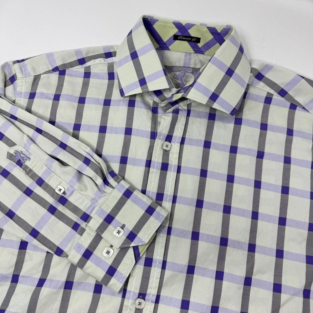 Bugatchi Shirt Mens Extra Large Purple Plaid Long Sleeve Button Down Casual